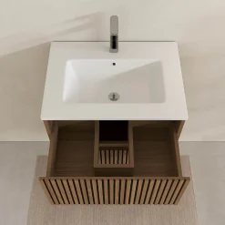 Aurlane Meuble Salle de Bains 60cm 2 Tiroirs Décor Chêne et Noir Cranté - Vasque Blanche Mate - YUKI