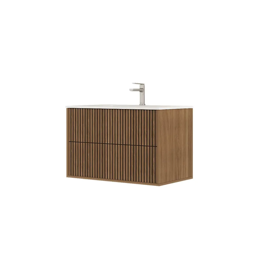 Aurlane Meuble Salle de Bains 60cm 2 Tiroirs Décor Chêne et Noir Cranté - Vasque Blanche Mate - YUKI
