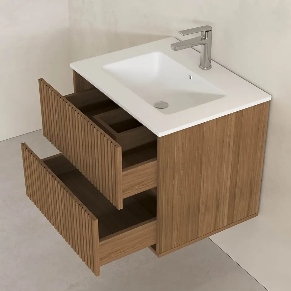Aurlane Meuble Salle de Bains 60cm 2 Tiroirs Décor Chêne et Noir Cranté - Vasque Blanche Mate - YUKI