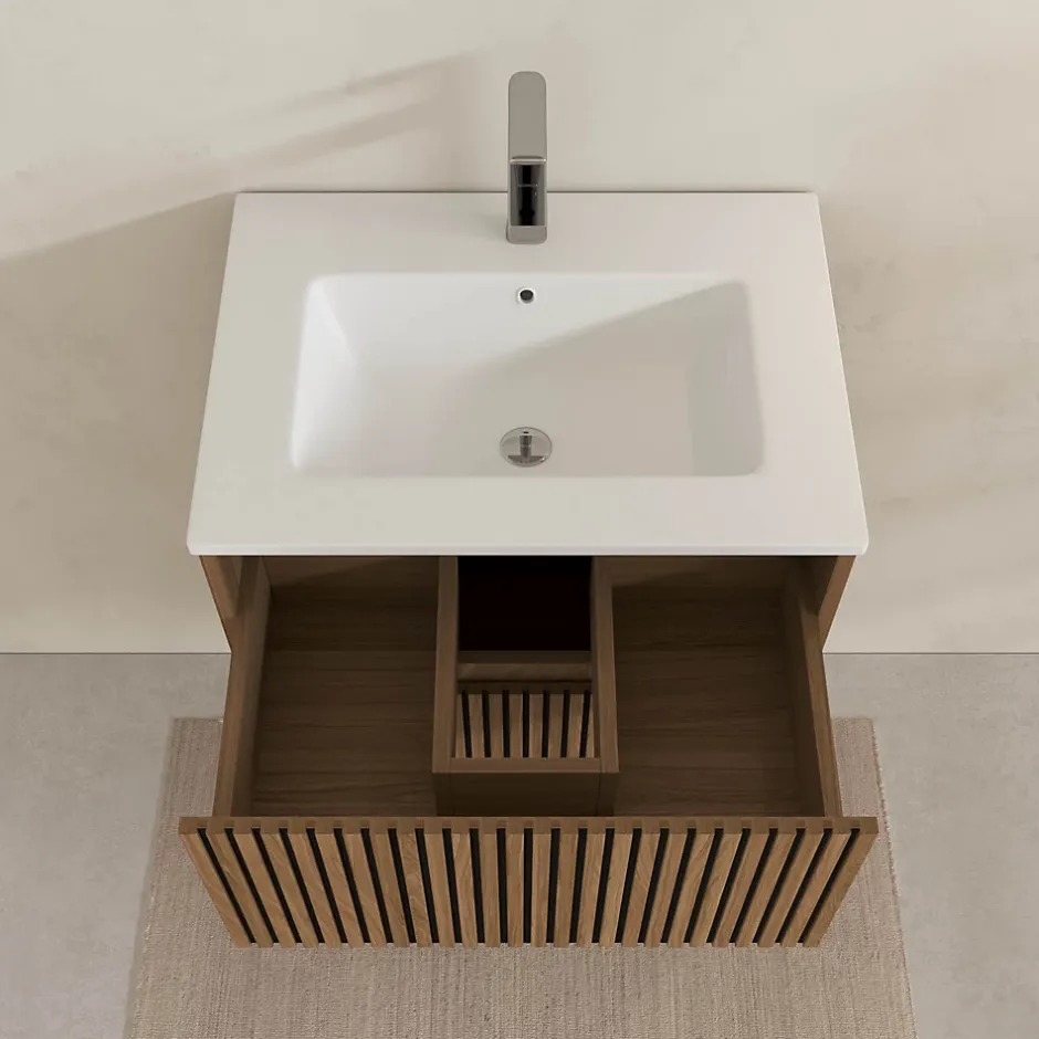Aurlane Meuble Salle de Bains 60cm 2 Tiroirs Décor Chêne et Noir Cranté - Vasque Blanche Mate - YUKI