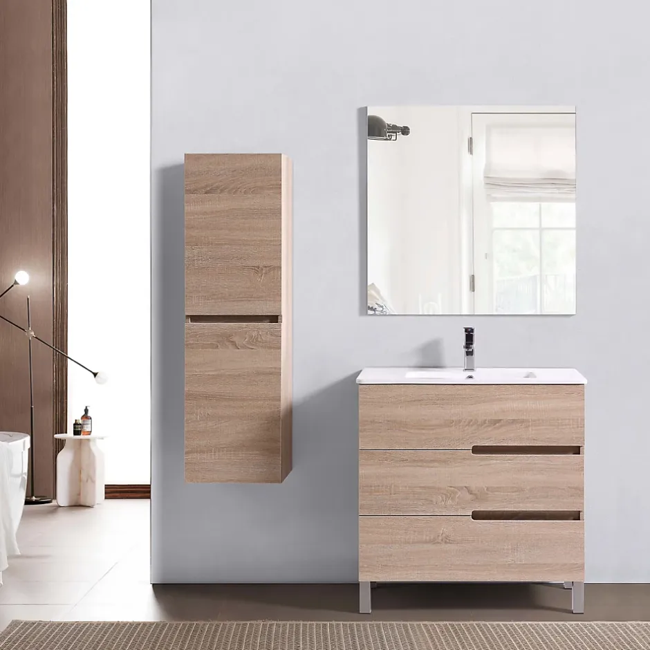 Top Bath Meuble Salle de Bains JUPITER 80 3 tiroir avec miroir simple et plan céramique, finition effet chene naturel* Ensemble Meuble De Salle De Bains