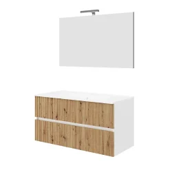 Kiamami Valentina Meuble Salle De Bains Suspendu 100Cm Blanc Avec Tiroirs Chêne Doré Canné - Salina* Ensemble Meuble De Salle De Bains