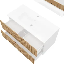Kiamami Valentina Meuble Salle De Bains Suspendu 100Cm Blanc Avec Tiroirs Chêne Doré Canné - Salina* Ensemble Meuble De Salle De Bains