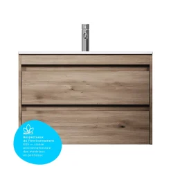 Am.Pm Europe Meuble salle de bains suspendu 80 cm effet bois clair avec lavabo intégré, 2 tiroirs, design, chêne clair texturé AM.PM