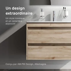 Am.Pm Europe Meuble salle de bains suspendu 80 cm effet bois clair avec lavabo intégré, 2 tiroirs, design, chêne clair texturé AM.PM