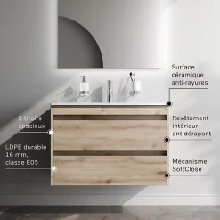 Am.Pm Europe Meuble salle de bains suspendu 80 cm effet bois clair avec lavabo intégré, 2 tiroirs, design, chêne clair texturé AM.PM