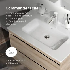 Am.Pm Europe Meuble salle de bains suspendu 80 cm effet bois clair avec lavabo intégré, 2 tiroirs, design, chêne clair texturé AM.PM