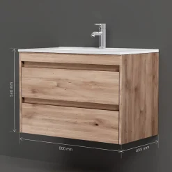 Am.Pm Europe Meuble salle de bains suspendu 80 cm effet bois clair avec lavabo intégré, 2 tiroirs, design, chêne clair texturé AM.PM