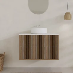 Aurlane Meuble Salle de Bains YUKI 80 2 Tiroirs Décor Chêne et Noir Cranté - Plan et Vasque Blanche Mate