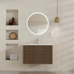 Aurlane Meuble Salle de Bains YUKI 60 - 2 Tiroirs Décor Chêne et Noir - Vasque Blanche - Miroir LED 60* Ensemble Meuble De Salle De Bains