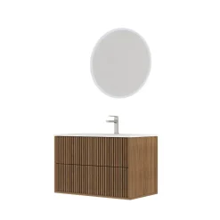Aurlane Meuble Salle de Bains YUKI 60 - 2 Tiroirs Décor Chêne et Noir - Vasque Blanche - Miroir LED 60* Ensemble Meuble De Salle De Bains