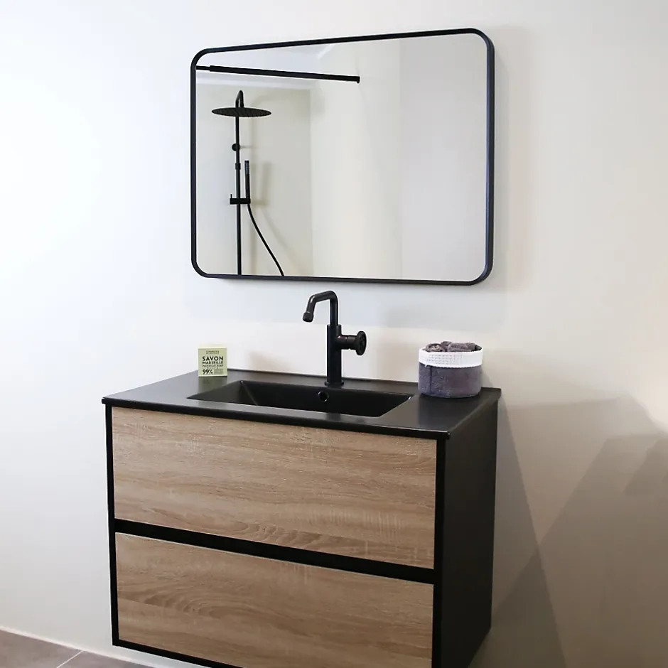 Essebagno Meuble simple vasque effet chêne et noir mat Indus* Meuble Vasque