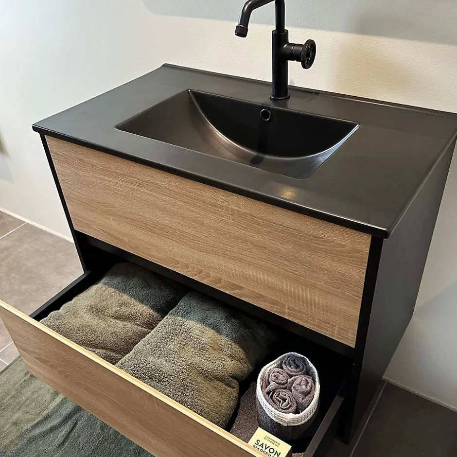 Essebagno Meuble simple vasque effet chêne et noir mat Indus* Meuble Vasque