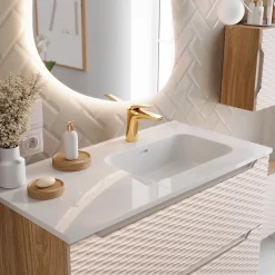 Petits-Meubles Meuble simple vasque encastree droite 120cm 2 tiroirs Elora Beige et bois* Meuble Vasque