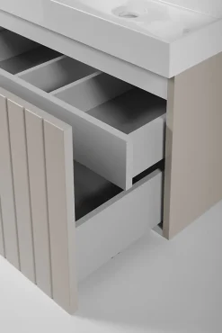 Furnidea Meuble sous double vasque suspendu HARMO 120 cm Façade rainuré cachemire semi-mat