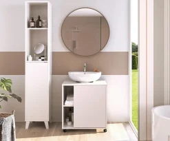 Pegane Meuble sous lavabo 1 porte coloris blanc brillant - Hauteur 64 x Longueur 59 x Profondeur 45 cm