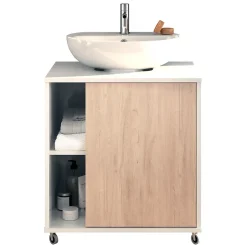 Pegane Meuble sous lavabo 1 porte coloris Blanc brillant / effet bois - Hauteur 64 x Longueur 59 x Profondeur 45 cm* Meuble Sous Lavabo