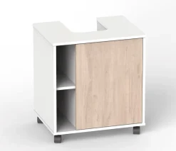 Pegane Meuble sous lavabo 1 porte coloris Blanc brillant / effet bois - Hauteur 64 x Longueur 59 x Profondeur 45 cm* Meuble Sous Lavabo