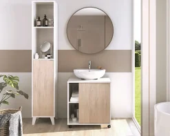 Pegane Meuble sous lavabo 1 porte coloris Blanc brillant / effet bois - Hauteur 64 x Longueur 59 x Profondeur 45 cm* Meuble Sous Lavabo