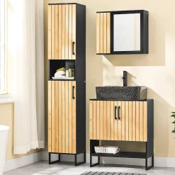 Sobuy Meuble sous Lavabo Salle de Bain 60 cm en Bambou et Métal pour Espace Réduit, BZR202-SCH* Meuble Sous Lavabo