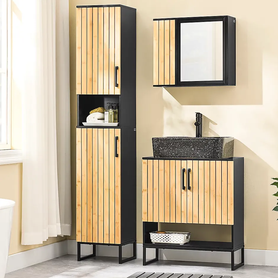 Sobuy Meuble sous Lavabo Salle de Bain 60 cm en Bambou et Métal pour Espace Réduit, BZR202-SCH* Meuble Sous Lavabo