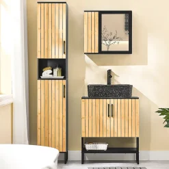 Sobuy Meuble sous Lavabo Salle de Bain 60 cm en Bambou et Métal pour Espace Réduit, BZR202-SCH* Meuble Sous Lavabo