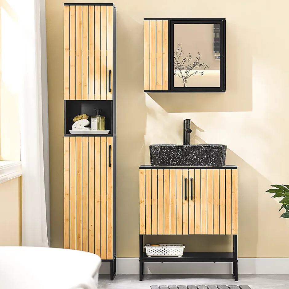 Sobuy Meuble sous Lavabo Salle de Bain 60 cm en Bambou et Métal pour Espace Réduit, BZR202-SCH* Meuble Sous Lavabo