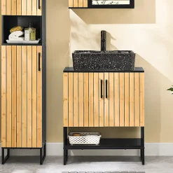 Sobuy Meuble sous Lavabo Salle de Bain 60 cm en Bambou et Métal pour Espace Réduit, BZR202-SCH* Meuble Sous Lavabo