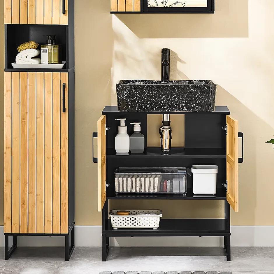 Sobuy Meuble sous Lavabo Salle de Bain 60 cm en Bambou et Métal pour Espace Réduit, BZR202-SCH* Meuble Sous Lavabo