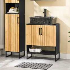 Sobuy Meuble sous Lavabo Salle de Bain 60 cm en Bambou et Métal pour Espace Réduit, BZR202-SCH* Meuble Sous Lavabo