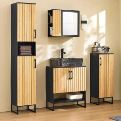 Sobuy Meuble sous Lavabo Salle de Bain 60 cm en Bambou et Métal pour Espace Réduit, BZR202-SCH* Meuble Sous Lavabo