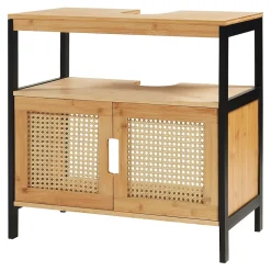 [En.Casa] Meuble sous lavabo Tervola bambou 60 x 60 x 35 cm noir naturel aspect rotin en.casa