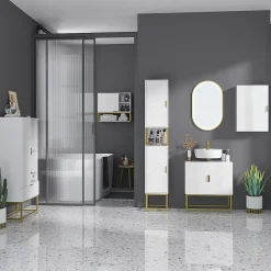 kleankin Meuble sous vasque - 2 portes - dim. 60L x 30l x 65H cm - acier doré MDF blanc