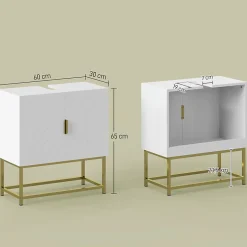 kleankin Meuble sous vasque - 2 portes - dim. 60L x 30l x 65H cm - acier doré MDF blanc