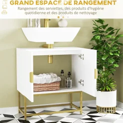 kleankin Meuble sous vasque - 2 portes - dim. 60L x 30l x 65H cm - acier doré MDF blanc