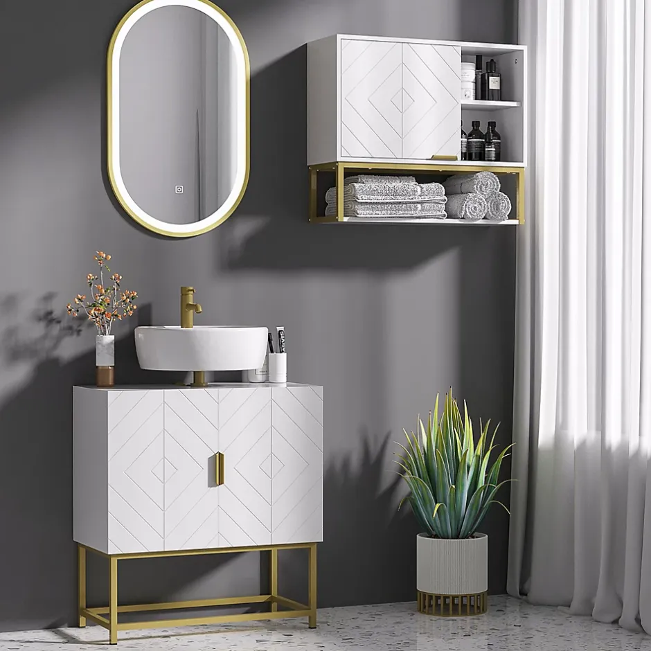 kleankin Meuble sous vasque - 2 portes - dim. 60L x 30l x 65H cm - acier doré MDF blanc