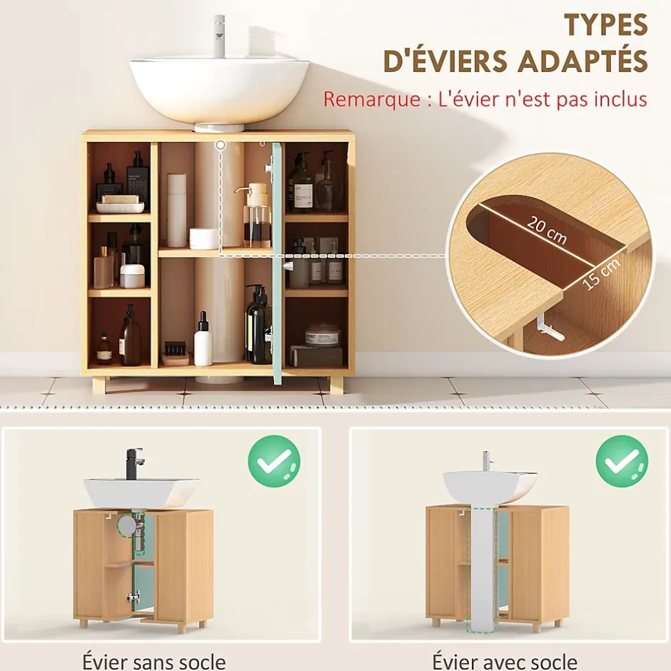 Homcom Meuble sous vasque 6 niches porte étagère dim. 60 x 33 x 57 cm effet bois clair vert d'eau