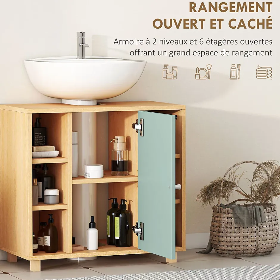 Homcom Meuble sous vasque 6 niches porte étagère dim. 60 x 33 x 57 cm effet bois clair vert d'eau