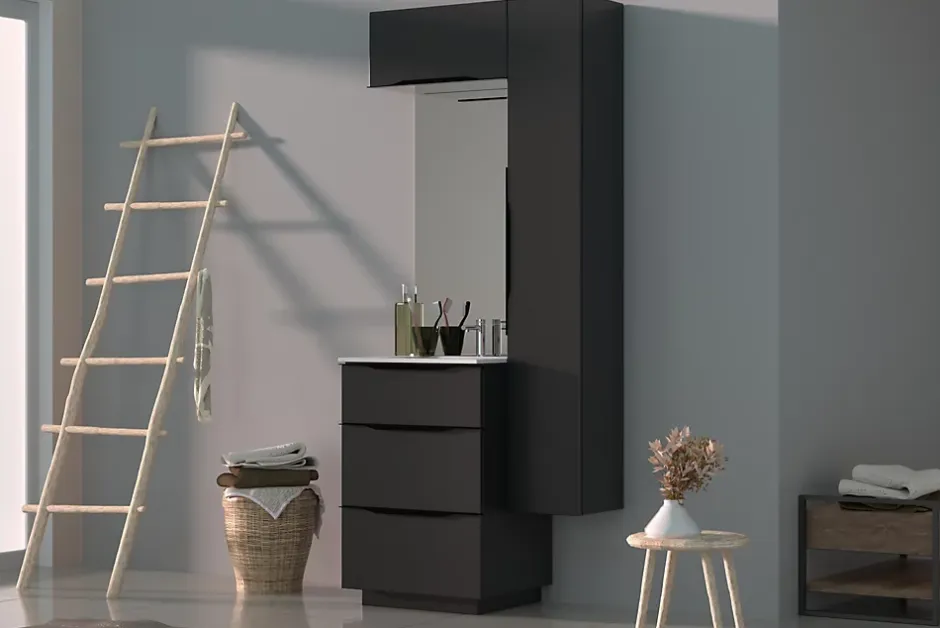 Meuble sous vasque à poser gris anthracite brillant l.60 x H.88 x P.50 cm, Pamili* Meuble Buanderie|Meuble Sous-Vasque