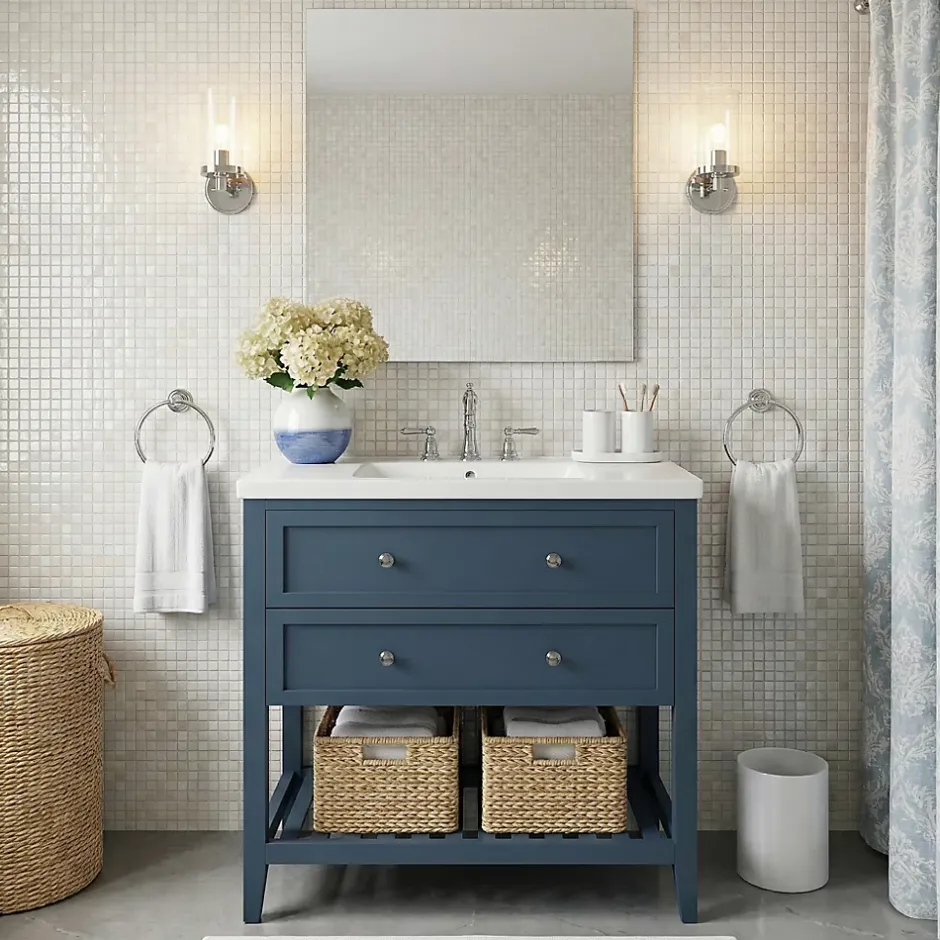 GoodHome Meuble sous vasque à poser 2 tiroirs 1 niche bleu mat l.80 cm + plan de toilette, Perma