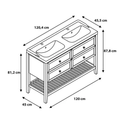 GoodHome Meuble sous vasque à poser 4 tiroirs 1 niche placage chêne l.120 cm Perma + plan double vasque céramique blanc Nira,* Meuble Vasque
