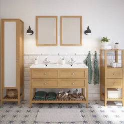 GoodHome Meuble sous vasque à poser 4 tiroirs 1 niche placage chêne l.120 cm Perma + plan double vasque céramique blanc Nira,* Meuble Vasque