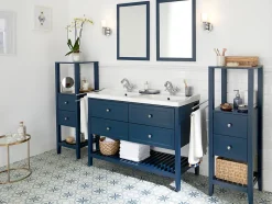 GoodHome Meuble sous vasque à poser 4 tiroirs 1 niche bleu mat l.120 cm Perma + plan double vasque Lana,* Meuble Vasque