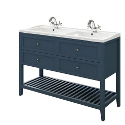 GoodHome Meuble sous vasque à poser 4 tiroirs 1 niche bleu mat l.120 cm Perma + plan double vasque Lana,* Meuble Vasque