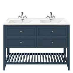 GoodHome Meuble sous vasque à poser 4 tiroirs 1 niche bleu mat l.120 cm Perma + plan double vasque Lana,* Meuble Vasque