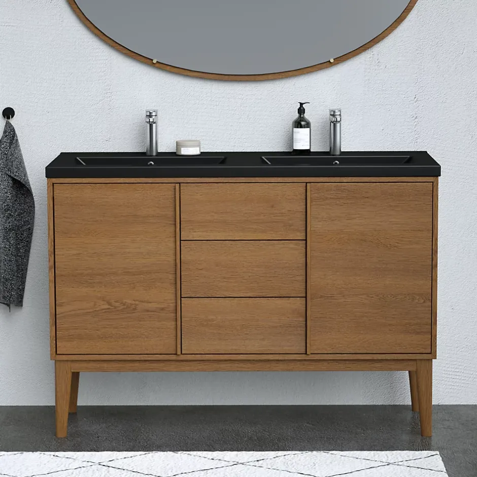 GoodHome Meuble sous vasque à poser placage chêne H.82 x P.45 x l.120 cm Kabayan