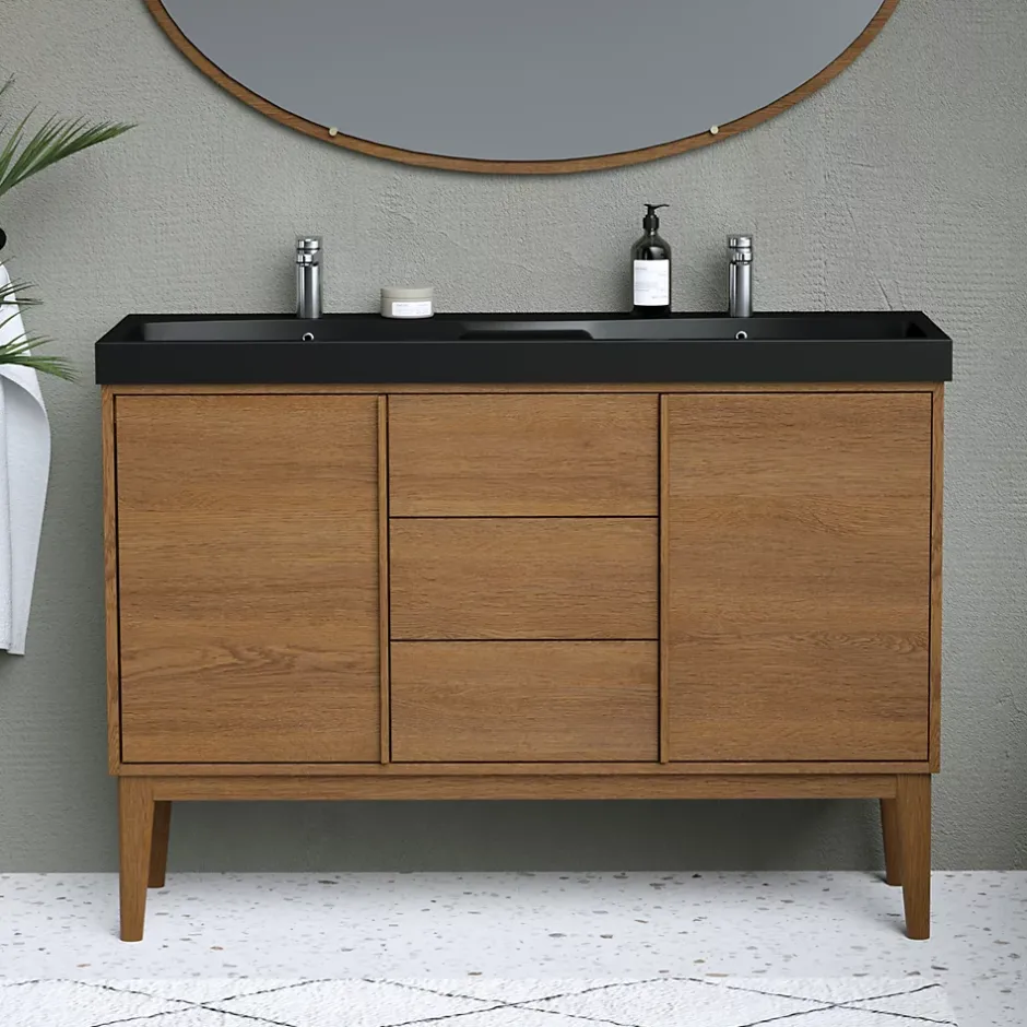 GoodHome Meuble sous vasque à poser placage chêne H.82 x P.45 x l.120 cm Kabayan