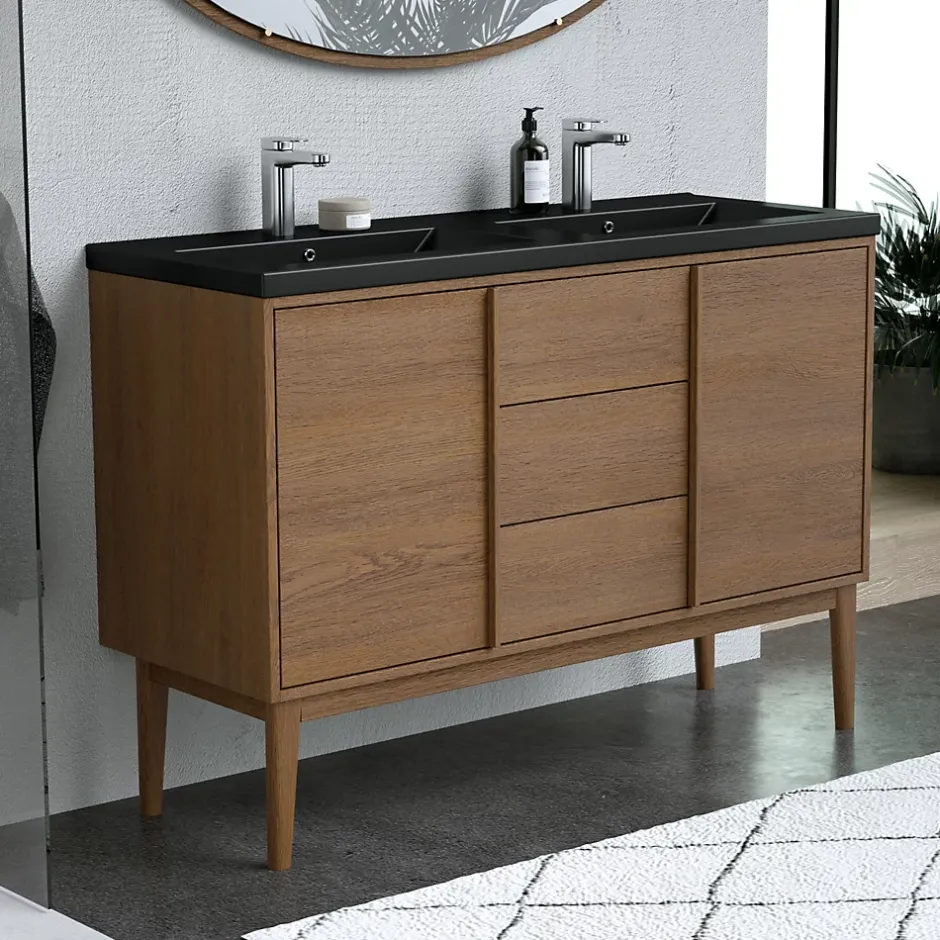 GoodHome Meuble sous vasque à poser placage chêne H.82 x P.45 x l.120 cm Kabayan