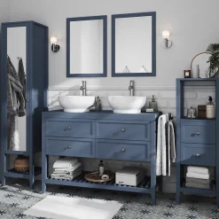 GoodHome Meuble sous vasque à poser 4 tiroirs 1 niche bleu mat l.120 cm Perma + plan de toilette,* Meuble Vasque|Meuble Buanderie