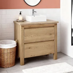 Cooke & Lewis Meuble sous vasque à poser chêne massif et plaqué chêne l.90 cm + plan de toilette en chêne, Harmon* Meuble Buanderie
